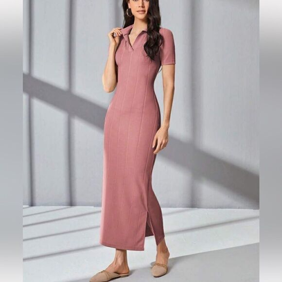 Solid Split Hem Fitted Dress Dusty Pink Size M (6) - Picture 1 of 4